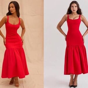 House of CB Red Scoop-Neck Midi Dress drop waist xs amore scarlet